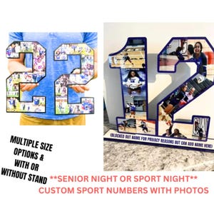 Puede incluir: Dos grandes n&uacute;meros de deporte personalizados con fotos, 22 y 12, hechos de madera y decorados con fotos. Los n&uacute;meros son negros con contornos blancos y est&aacute;n sobre una superficie blanca. Los n&uacute;meros est&aacute;n disponibles en varios tama&ntilde;os y con o sin soporte. El texto "Senior Night or Sport Night" y "Custom Sport Numbers with Photos" est&aacute; impreso debajo de los n&uacute;meros.