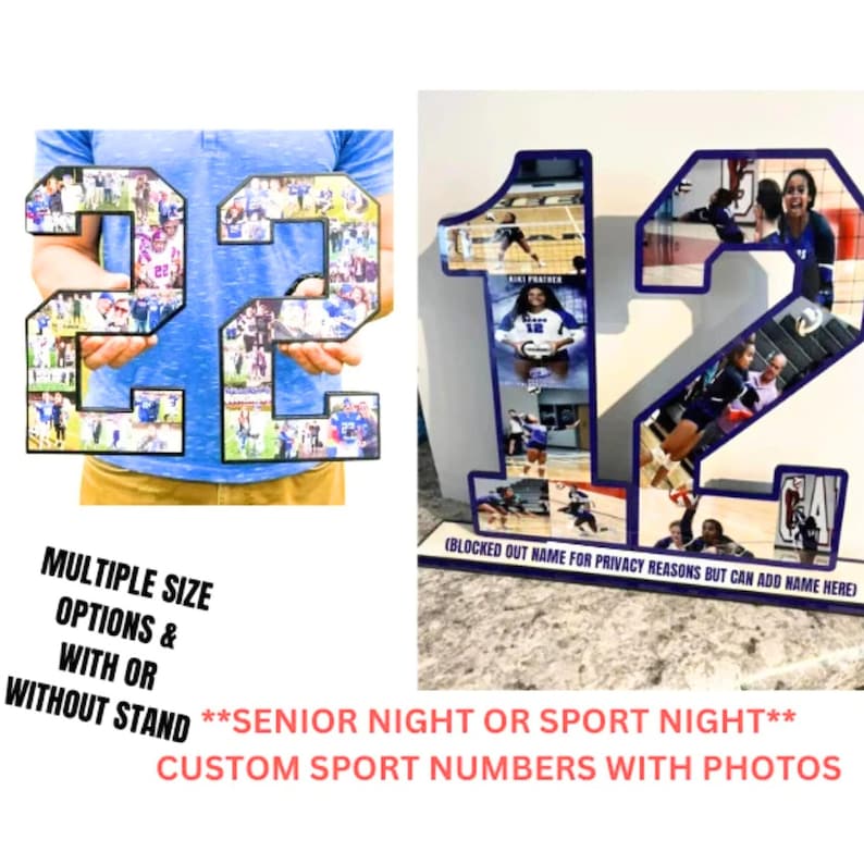 Puede incluir: Dos grandes n&uacute;meros de deporte personalizados con fotos, 22 y 12, hechos de madera y decorados con fotos. Los n&uacute;meros son negros con contornos blancos y est&aacute;n sobre una superficie blanca. Los n&uacute;meros est&aacute;n disponibles en varios tama&ntilde;os y con o sin soporte. El texto "Senior Night or Sport Night" y "Custom Sport Numbers with Photos" est&aacute; impreso debajo de los n&uacute;meros.