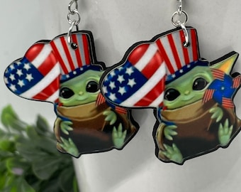 Flag U.S.A Single or Double Sided 4th of July Memorial patriotic American Dangle Stud Unique Baby yoda