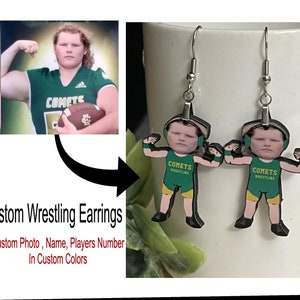 Single or Double Sided - Cartoon, Caricature Custom Photo Color Wrestling Name Number Earrings, Pin , Keychain