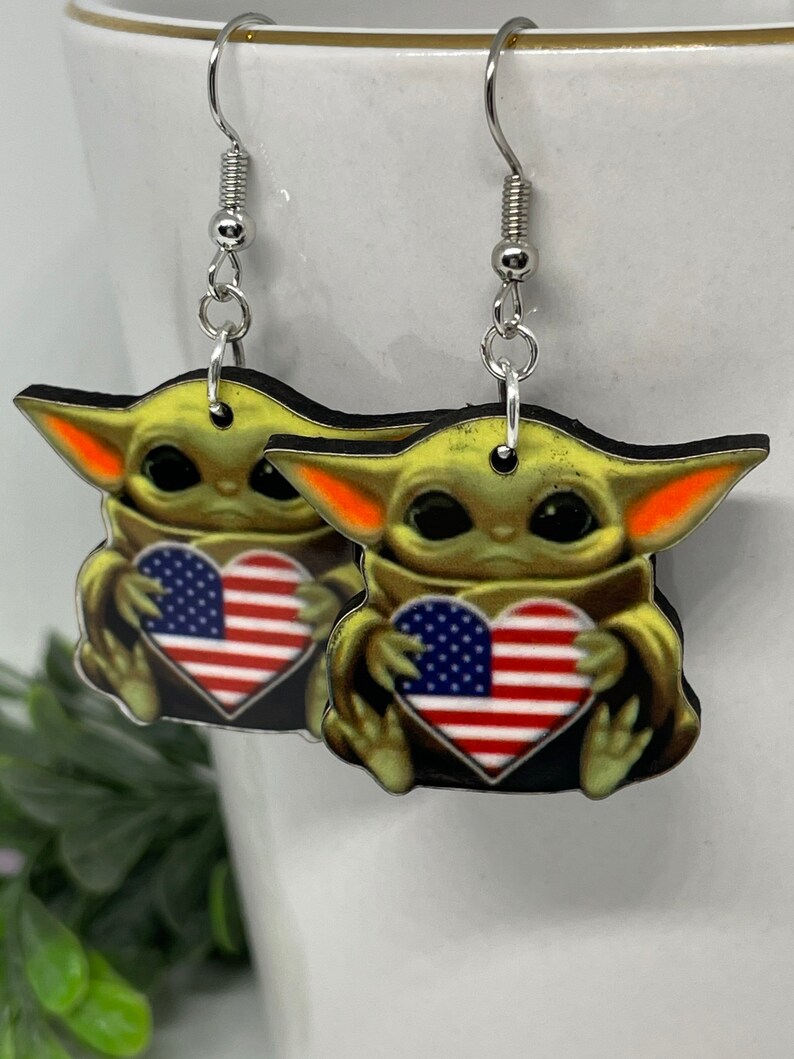 Flag U.S.A Single or Double Sided 4th of July Memorial patriotic American Dangle Stud Unique Baby yoda