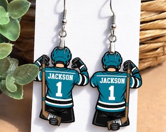 Hockey Earrings, Goalie Hockey earrings, Personalized Hockey Earrings, Hockey Player, Name Number Earrings Lapel Pin  Keychain, Hockey Mom