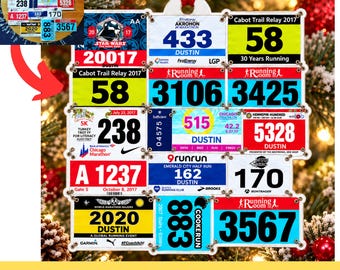Race Bib Ornament, Marathon Runner Gift, Custom Running Christmas Tree Decor, MARATHON Ornament, 5K, 10K, Half Marathon,