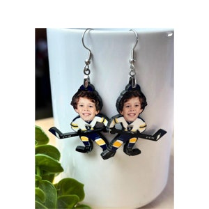 Hockey Earrings, Goalie Hockey earrings, Custom Photo Earrings, Hockey Player, Name Number Earrings Lapel Pin  Keychain, Hockey Mom