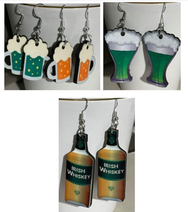 Whiskey Green Beer Unique Homemade Beer St Patrick\u2019s Day Beer Earrings