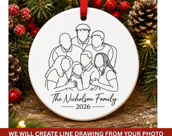 Line Drawing Ornament, Personalized Line Photo Ornament, Family Christmas Gift, Handmade Drawing Ornament, Portrait Ornament