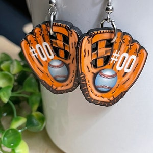 FREE PERSONALIZED Single or Double Sided - Baseball glove ball player custom name, Color and player number Dangle Stud Unique earrings