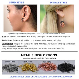 May include: Custom photo earrings featuring a person's face, available in stud or dangle styles. The image displays two earring types and four metal finish options: silver tone, gold tone, rose tone, and black, with text labels for style and finish.