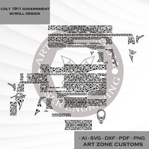 Puede incluir: Diseño de desplazamiento en blanco y negro para un modelo Colt 1911 Government. El diseño presenta intrincados patrones florales y está disponible en formatos AI, SVG, DXF, PDF y PNG. El texto "COLT 1911 GOVERNMENT SCROLL DESIGN" está en la parte superior.