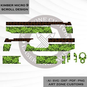 May include: A graphic design for a Kimber Micro 9, featuring a scroll design with green floral patterns on a black background. The design includes the text "KIMBER MICRO 9 SCROLL DESIGN" and "ART ZONE CUSTOMS".