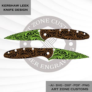 May include: A digital graphic design for a Kershaw Leek knife featuring an intricate scrollwork pattern. The design displays two knife orientations with brown handles and bright green blades, including the text KERSHAW LEEK KNIFE DESIGN and AI - SVG - DXF - PDF - PNG ART ZONE CUSTOMS.