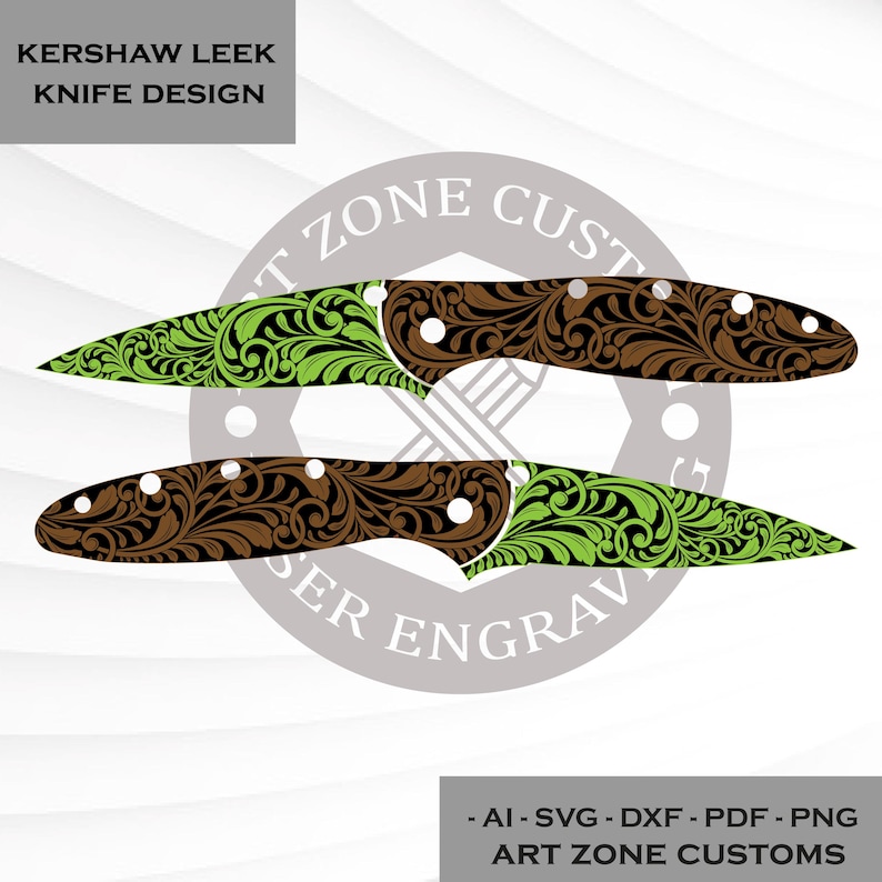 May include: A digital graphic design for a Kershaw Leek knife featuring an intricate scrollwork pattern. The design displays two knife orientations with brown handles and bright green blades, including the text KERSHAW LEEK KNIFE DESIGN and AI - SVG - DXF - PDF - PNG ART ZONE CUSTOMS.