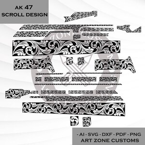 May include: A black and white scroll design for an AK-47, featuring detailed floral patterns. The design is shown in separate pieces. Text at the top reads "AK 47 SCROLL DESIGN". The bottom text reads "- AI-SVG-DXF-PDF - PNG ART ZONE CUSTOMS."