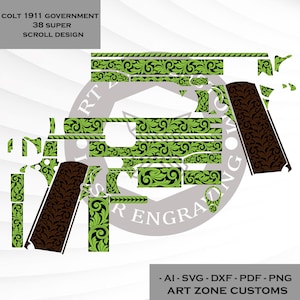 Könnte beinhalten: Grafikdesign für eine Colt 1911 Government .38 Super Pistole. Das Design zeigt ein Scrollmuster in Grün und Schwarz mit braunen Griffen. Der Text "COLT 1911 GOVERNMENT 38 SUPER SCROLL DESIGN" steht oben.
