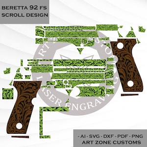 Op de afbeelding: Een vectorafbeelding van een Beretta 92 FS scroll ontwerp. Het ontwerp heeft een gedetailleerd bloemmotief in groen en zwart op een bruine achtergrond. De tekst "BERETTA 92 FS SCROLL DESIGN" staat bovenaan. De onderste tekst luidt "- AI-SVG-DXF-PDF - PNG ART ZONE CUSTOMS."