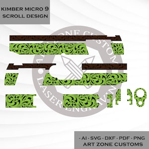 May include: A Kimber Micro 9 scroll design in green and brown. The design features a floral pattern. The text "KIMBER MICRO 9 SCROLL DESIGN" is at the top. The bottom of the image has the text "- AI-SVG - DXF - PDF - PNG ART ZONE CUSTOMS."