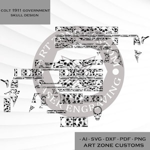 Op de afbeelding: Zwart-wit grafisch ontwerp van een Colt 1911 Government pistool met een schedelontwerp. Het ontwerp bevat schedels en botten, met de tekst "COLT 1911 GOVERNMENT SKULL DESIGN".
