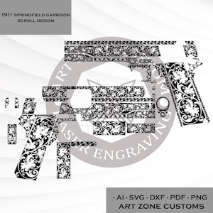 May include: A black and white digital vector file featuring a 1911 Springfield Garrison scroll design. The image displays various disassembled firearm components decorated with intricate floral patterns, labeled 1911 SPRINGFIELD GARRISON SCROLL DESIGN.