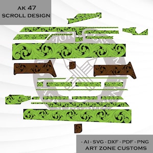 以下が含まれることがあります： AK 47 SCROLL DESIGNというタイトルのデジタルデザインファイルセット。複雑な緑と茶色のフローラルスクロール模様が施された様々なベクターコンポーネントが含まれています。Art Zone CustomsによるAI、SVG、DXF、PDF、PNG形式のコレクションです。