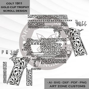 May include: A black and white scroll design for a Colt 1911 Gold Cup Trophy. The design includes various parts of the gun with intricate floral patterns. Text on the image reads "COLT 1911 GOLD CUP TROPHY SCROLL DESIGN" and "ART ZONE CUSTOMS".
