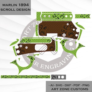 Puede incluir: Un diseño digital para un rifle Marlin 1894, con un diseño de desplazamiento. El diseño incluye elementos marrones y verdes con patrones intrincados. El texto "MARLIN 1894 SCROLL DESIGN" está en la parte superior. El diseño está etiquetado como AI, SVG, DXF, PDF y PNG.