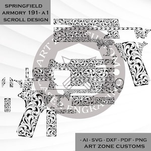 May include: A black and white scroll design for a Springfield Armory 191-A1, featuring detailed floral patterns. The image includes the text "SPRINGFIELD ARMORY 191-A1 SCROLL DESIGN" and "ART ZONE CUSTOMS". Available file formats: AI, SVG, DXF, PDF, and PNG.