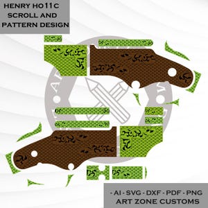 Puede incluir: Un diseño digital con un tema de desplazamiento y patrón. El diseño incluye elementos marrones y verdes con patrones intrincados y el texto "HENRY HO11C SCROLL AND PATTERN DESIGN". El diseño también incluye el texto "- AI - SVG - DXF - PDF - PNG ART ZONE CUSTOMS".