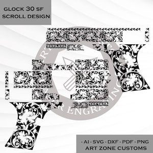 Puede incluir: Un conjunto de archivos gráficos digitales etiquetado como GLOCK 30 SF SCROLL DESIGN con patrones de volutas florales intrincados en blanco y negro dispuestos en segmentos. Incluye formatos AI, SVG, DXF, PDF y PNG de Art Zone Customs.