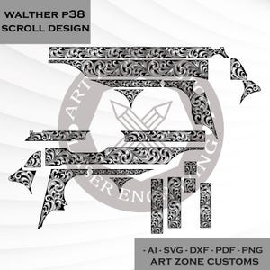 Puede incluir: Diseño de desplazamiento en blanco y negro para una Walther P38. El diseño incluye varios patrones florales y formas ornamentadas. El texto en la parte superior dice "WALTHER P38 SCROLL DESIGN". El texto inferior dice "- AI-SVG-DXF-PDF - PNG ART ZONE CUSTOMS".