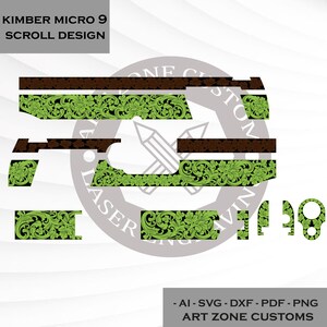 May include: A Kimber Micro 9 scroll design in a vector graphic. The design features a combination of brown and green floral patterns. The text "KIMBER MICRO 9 SCROLL DESIGN" is at the top left. The bottom right text says "ART ZONE CUSTOMS".