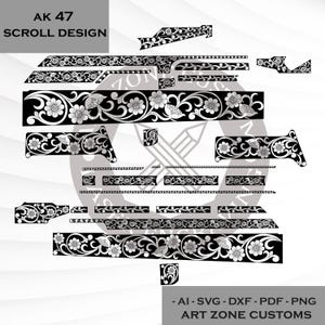 Puede incluir: Diseño de desplazamiento en blanco y negro para un AK 47. El diseño presenta patrones florales y de hojas. El texto "AK 47 SCROLL DESIGN" está en la parte superior. La parte inferior de la imagen incluye el texto "- AI-SVG-DXF-PDF - PNG ART ZONE CUSTOMS."