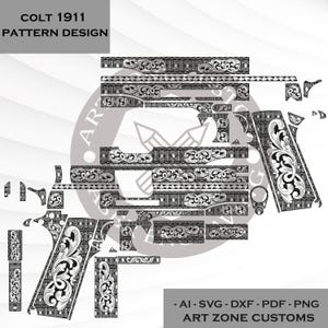 May include: A detailed pattern design for a Colt 1911, featuring intricate floral and geometric engravings. The design is in black and white, with the text "COLT 1911 PATTERN DESIGN" at the top. The image also includes the text "- AI-SVG - DXF - PDF - PNG ART ZONE CUSTOMS".