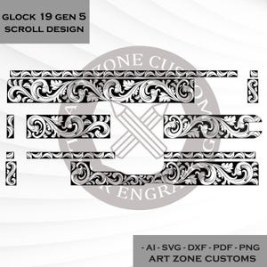 Puede incluir: Elementos de diseño de desplazamiento en blanco y negro para un Glock 19 Gen 5. El diseño incluye varias formas rectangulares y curvas con intrincados patrones florales. El texto incluye "GLOCK 19 GEN 5 SCROLL DESIGN" y "ART ZONE CUSTOMS".