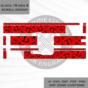 Op de afbeelding: Rood scrollontwerp voor een Glock 19 Gen 4. Het ontwerp heeft een zwarte achtergrond met een rood bloemmotief. De tekst "GLOCK 19 GEN 4 SCROLL DESIGN" staat bovenaan. De tekst onderaan luidt "ART ZONE CUSTOMS".