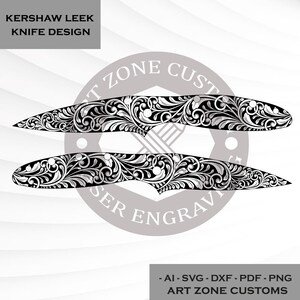 May include: A black and white digital graphic design featuring two Kershaw Leek knife handle silhouettes adorned with intricate scrolling floral patterns. The image includes the text KERSHAW LEEK KNIFE DESIGN and ART ZONE CUSTOMS with file formats AI, SVG, DXF, PDF, and PNG.