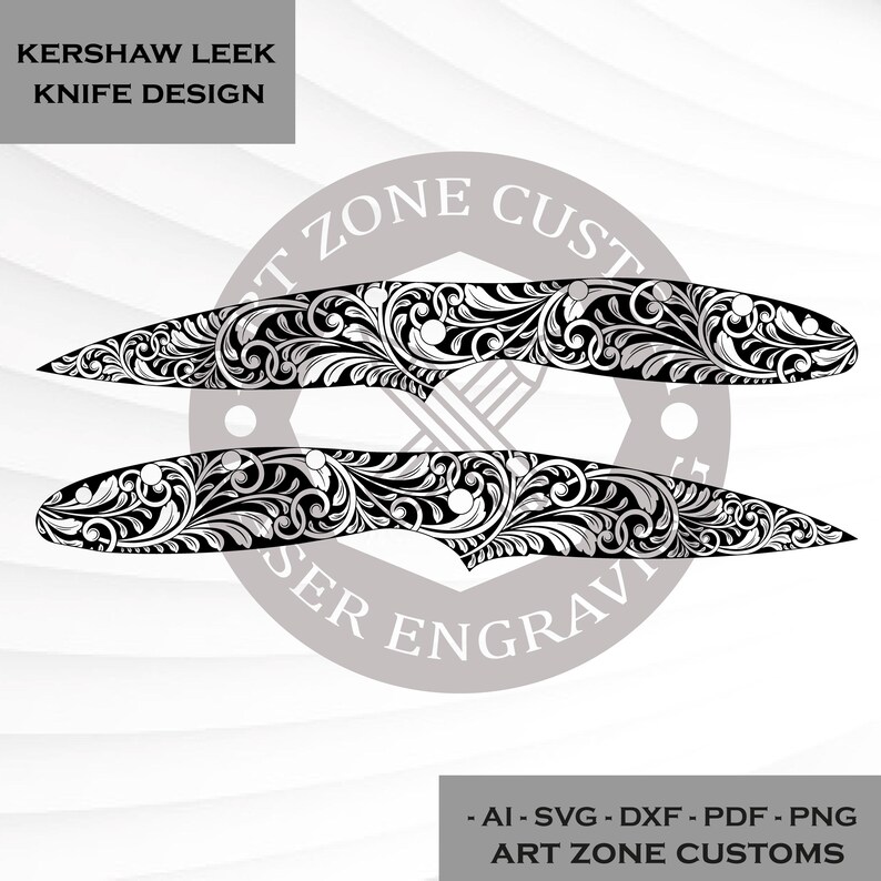 May include: A black and white digital graphic design featuring two Kershaw Leek knife handle silhouettes adorned with intricate scrolling floral patterns. The image includes the text KERSHAW LEEK KNIFE DESIGN and ART ZONE CUSTOMS with file formats AI, SVG, DXF, PDF, and PNG.