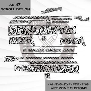 May include: A collection of black and white scroll design elements, with the text "AK 47 SCROLL DESIGN". The image features a variety of scrollwork shapes and sizes, and the text "ART ZONE CUSTOMS".