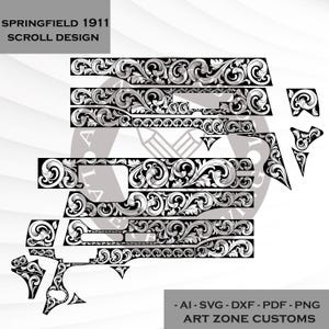 May include: Black and white scroll design for Springfield 1911. The design features ornate floral and swirling patterns. The image includes the text "SPRINGFIELD 1911 SCROLL DESIGN" and "- AI-SVG - DXF - PDF - PNG ART ZONE CUSTOMS."