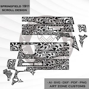 May include: Black and white scroll design for Springfield 1911. The design features intricate floral patterns. The image includes the text "SPRINGFIELD 1911 SCROLL DESIGN" and "- AI - SVG - DXF - PDF - PNG ART ZONE CUSTOMS".