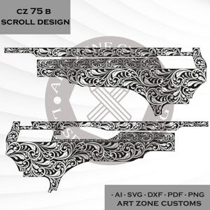 Puede incluir: Diseño de volutas en blanco y negro para CZ 75 B. El diseño presenta intrincados patrones florales y está disponible en formatos AI, SVG, DXF, PDF y PNG. El texto "SCROLL DESIGN" es visible.