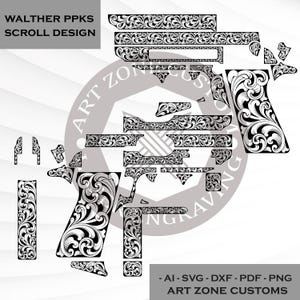 Walther Ppks Svg Scroll Design, scrollwork, Svg-fil, LaserTag, LaserMarking-fil, laserskärning, Ezcad-klar, för lasergravering.