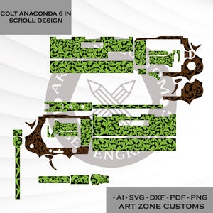 Könnte beinhalten: Eine digitale Designdatei für ein Colt Anaconda 6 in scroll design, die zerlegte Revolverkomponenten mit komplizierten grünen und braunen floralen Rankenmustern zeigt. Das Bild enthält Textbeschriftungen und Dateiformatspezifikationen.