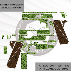 May include: A Kimber Pro Carry scroll design in a vector format. The design features a combination of brown and green floral patterns. The text "KIMBER PRO CARRY SCROLL DESIGN" is at the top. The bottom right corner has the text "- AI-SVG-DXF-PDF - PNG ART ZONE CUSTOMS."