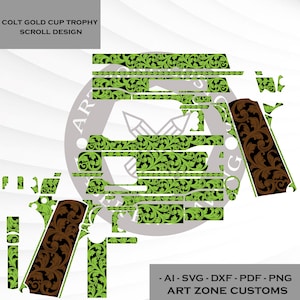 以下が含まれることがあります： COLT GOLD CUP TROPHY SCROLL DESIGNというタイトルのデジタルグラフィックファイル。明るい緑色のフローラルスクロールパターンと茶色のグリップセクションで塗りつぶされたピストルの輪郭が特徴です。AI、SVG、DXF、PDF、PNG形式はART ZONE CUSTOMSによるものです。