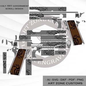 Puede incluir: Un diseño gráfico detallado para una pistola Colt 1911 Government, con un diseño de volutas. El diseño incluye varios componentes con patrones intrincados en negro y gris, y empuñaduras marrones. La imagen también incluye el texto "ART ZONE CUSTOMS".