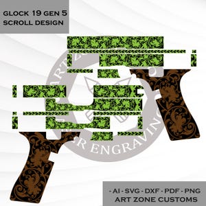 Puede incluir: Un archivo de diseño gráfico digital para una Glock 19 Gen 5 con un patrón de volutas. El diseño muestra una superposición de volutas florales verde lima en la corredera y un patrón de volutas florales marrón oscuro en la empuñadura. Texto: GLOCK 19 GEN 5 SCROLL DESIGN.