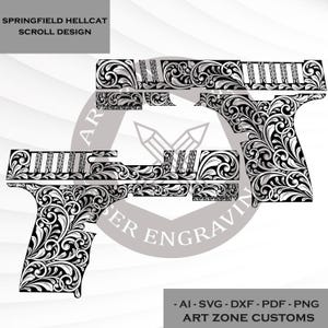May include: Black and white scroll design for a Springfield Hellcat. The design features intricate floral patterns and is labeled with the text "SPRINGFIELD HELLCAT SCROLL DESIGN". The image also includes the text "ART ZONE CUSTOMS" and file type options.