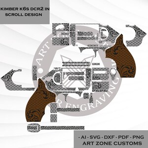 Può includere: Kimber K6S DCR2 con design a volute. Illustrazione dettagliata di un revolver con volute ornate e un'impugnatura marrone. Il design include il testo "ART ZONE CUSTOMS" e le opzioni di tipo di file.