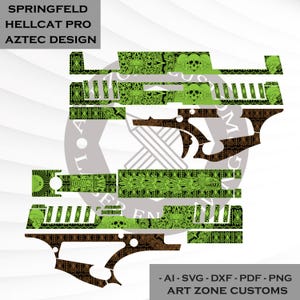May include: A digital design file for a Springfield Hellcat Pro featuring an Aztec-inspired pattern. The graphic includes lime green and dark brown sections with intricate skull motifs, geometric shapes, and ancient carvings in a flat layout.