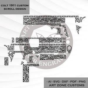 Puede incluir: Un diseño de desplazamiento detallado en blanco y negro para un proyecto personalizado Colt 1911. El diseño presenta intrincados patrones florales. El texto "COLT 1911 CUSTOM SCROLL DESIGN" está en la parte superior. El texto inferior dice "ART ZONE CUSTOMS".